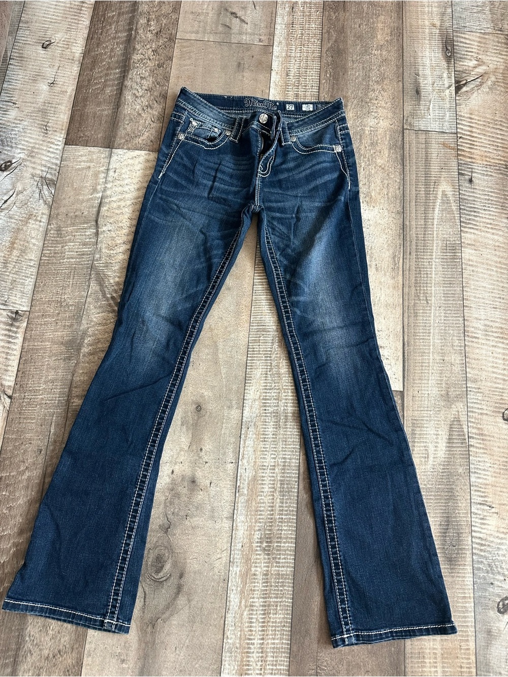 Miss Me Dark Blue Boot Cut Jeans with Contrast Stitching